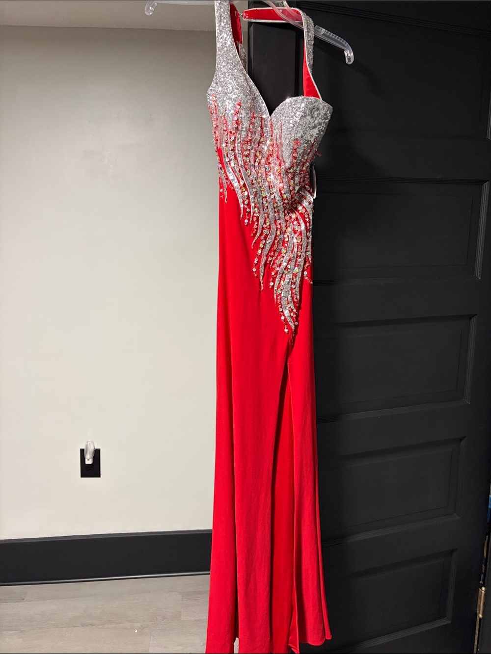 Red Embellished Evening Gown with Silver Crystal Bodice